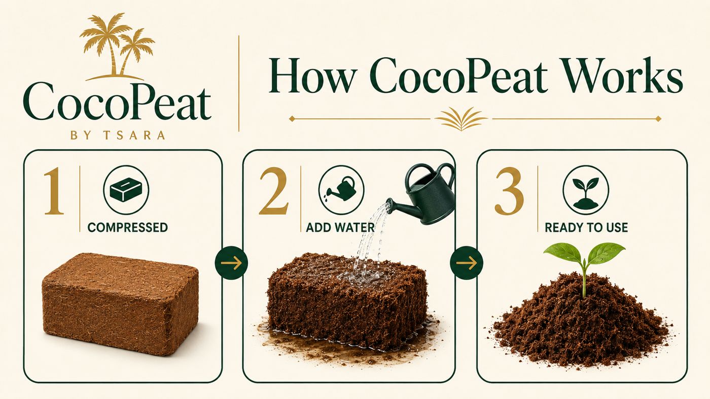 CocoPeat nasıl çalışır — Compressed, Add Water, Ready to Use